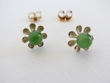 NEW GREEN JADE Ball 14K YELLOW GOLD Flower Stud Earrings 9mm Wide 5MM Round JADE