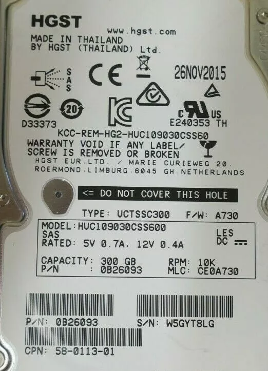 HGST 300GB 2.5" SAS 6Gb/s 10K Server Hard Drive HDD HUC109030CSS600 0B26093 - Image 2 of 3