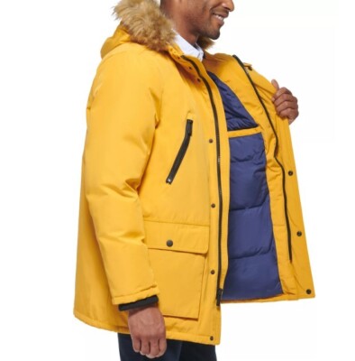 CLUB ROOM Men's Parka with a Faux Fur-Hood Jacket Yellow Size L