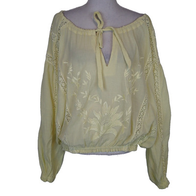 Free People Top S Yellow Maria Maria Peasant Loose Easter Spring Boho embroidere