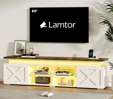 Farmhouse TV-Stand for 80" TVs - Modern Entertainment Center with Led Light