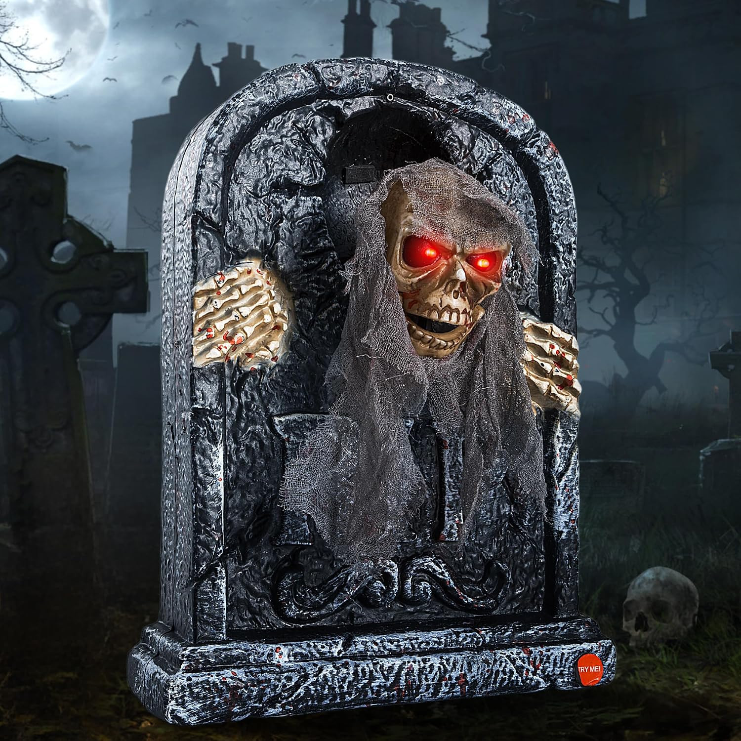 Lápida animatrónica de Halloween con esqueleto en movimiento - Sensor activado animado