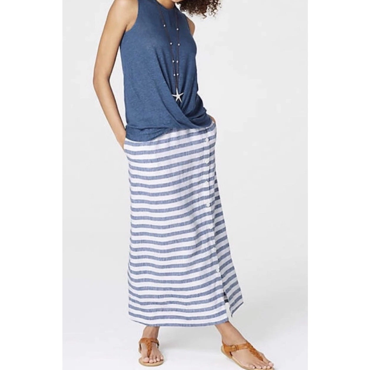 J. Jill Love Linen Striped Maxi Skirt Women’s Medium Blue Coastal Nautical chic
Opens in a new windo