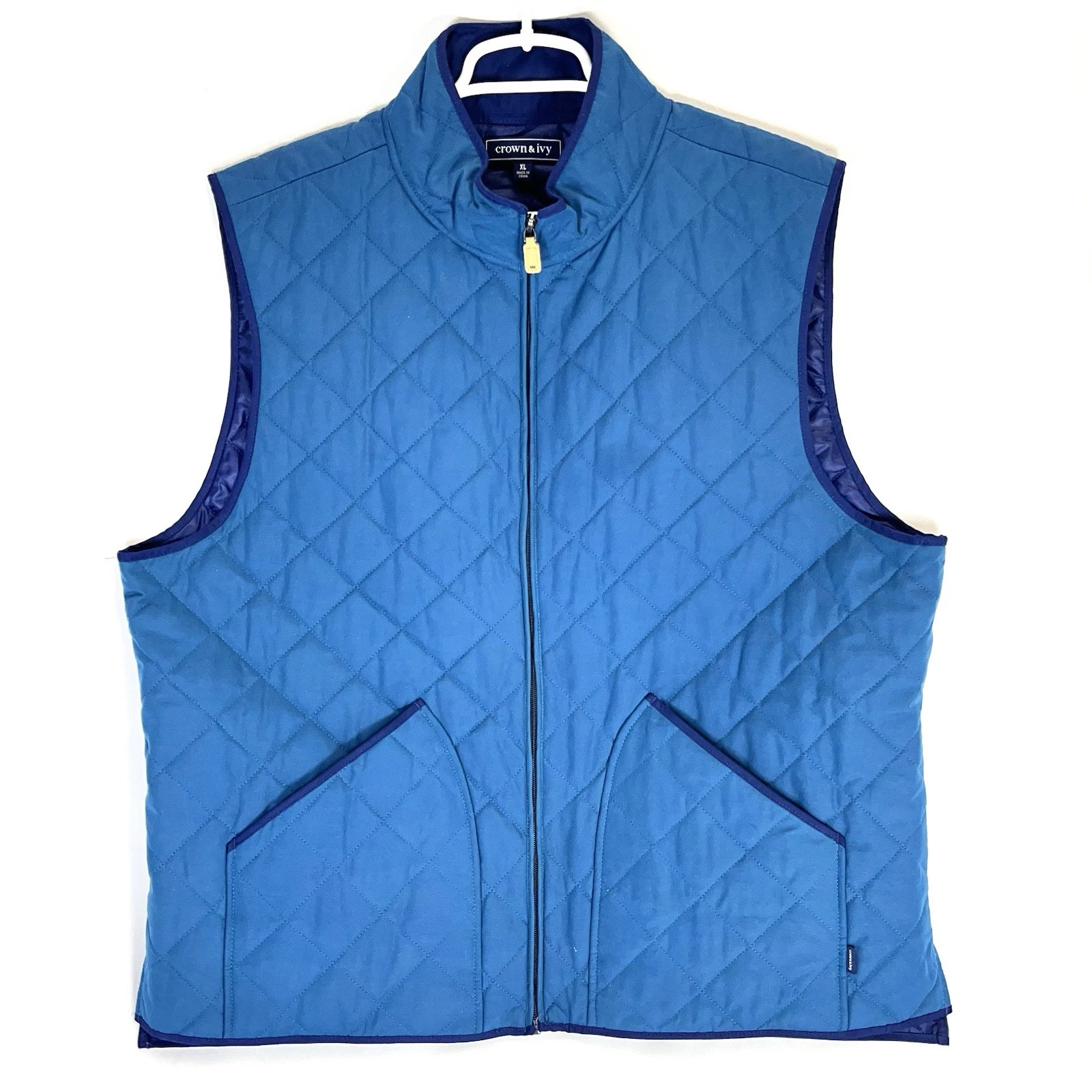 Crown & Ivy Quilted Vest Full Zip Mens X Large XL Blue Pockets Preppy Classic