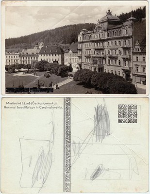 Postcard Mariánské Lázně promenade and hotel 1939