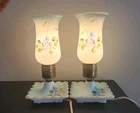 2 Vintage Electric Milk Glass Hand Painted Floral Hurricane Table Lamp - Works!