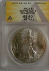 2002 American Silver Eagle ANACS Certified MS60 (Scratched)