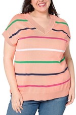 Belle by Kim Gravel Women's Hyper Prep MultiStripe VNeck Sweater Coral