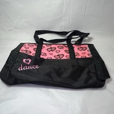 Girls Black Pink Dance Bag Hearts Nylon With Pink Interior And Zipper Pouch