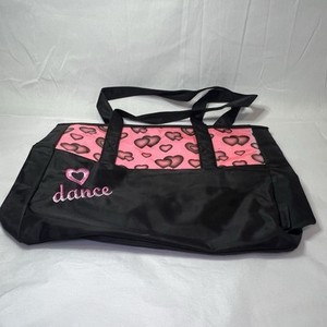 Girls Black Pink Dance Bag Hearts Nylon With Pink Interior And Zipper Pouch