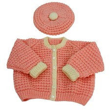 Vintage Pink and Ivory Baby Girl's Cardigan Sweater  Beret See Measurements 
