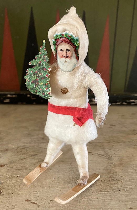 #5 - Antique Christmas German SANTA CLAUS on Wood SKIS Cotton ORNAMENT