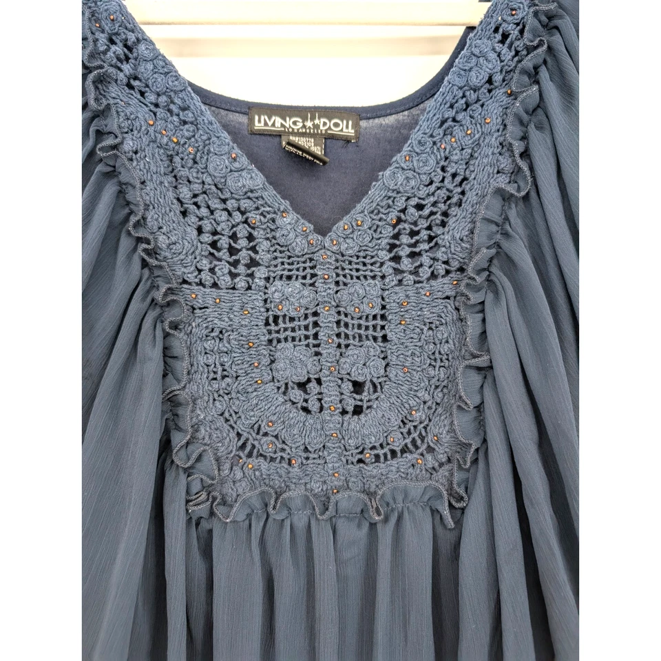 De colección Muñeca Viviente Y2K Azul Marino Transparente Etéreo Hada Oscura Boho Bordado Crochet Top Foto 3 de 4
