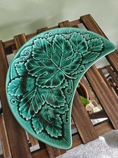 Mid Century Wedgewood Green Majolica Crescent Semi Circle Ceramic Dish Plate