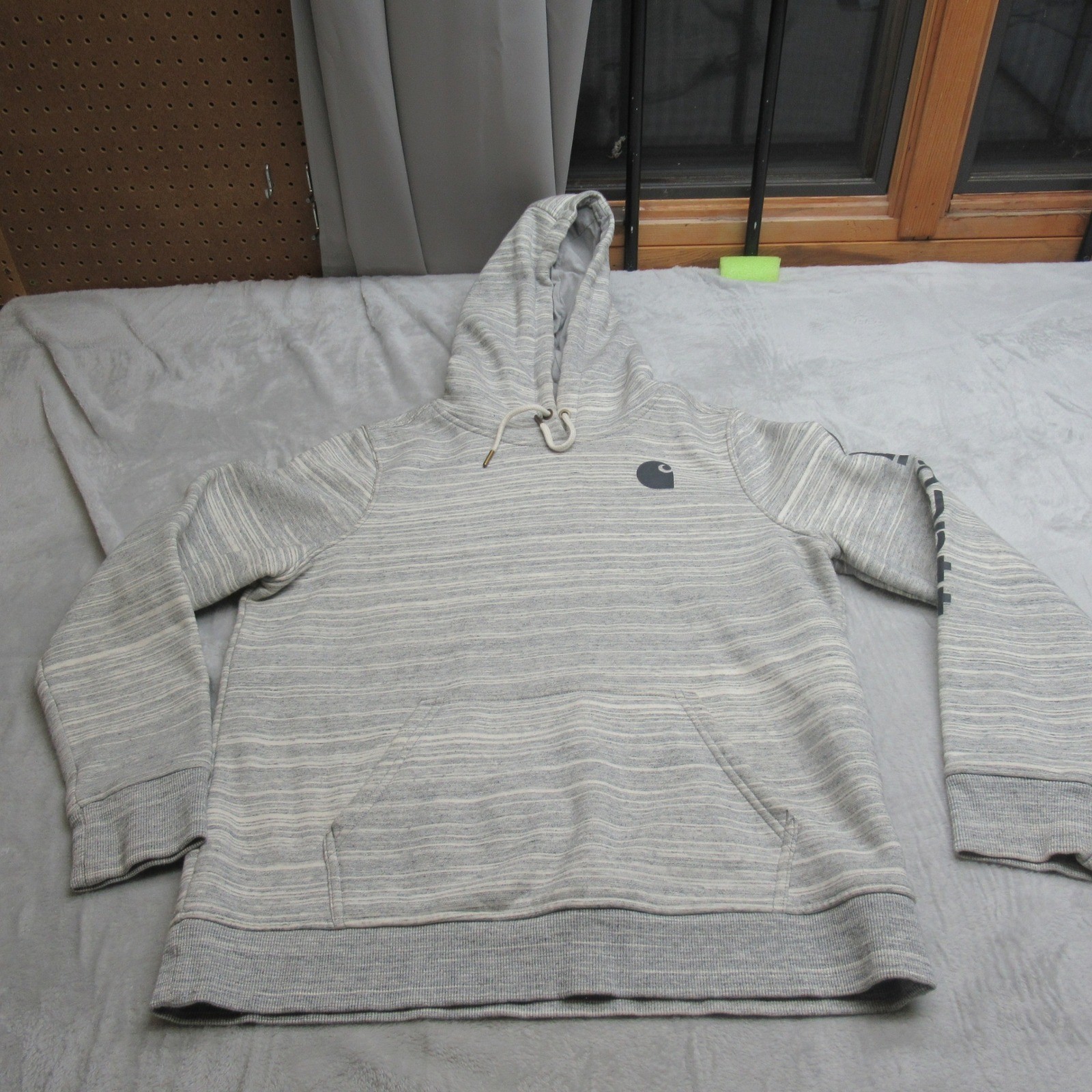 Carhartt Hoodie Womens Large 12/14 White Heather Striped Sleeve Logo Pullover