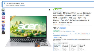 ACER Aspire 3 A325-42 Laptop, 32GB Ram, 1TB SSD - AMD Ryzen 5 7430U