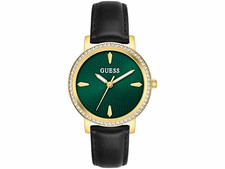 NEW Guess Women's Gold Tone Watch Black Leather Band Green Dial Quartz