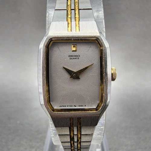 Seiko Watch Women 17mm Silver Dial Two Tone Rectangle 2Y00-5279 New Battery