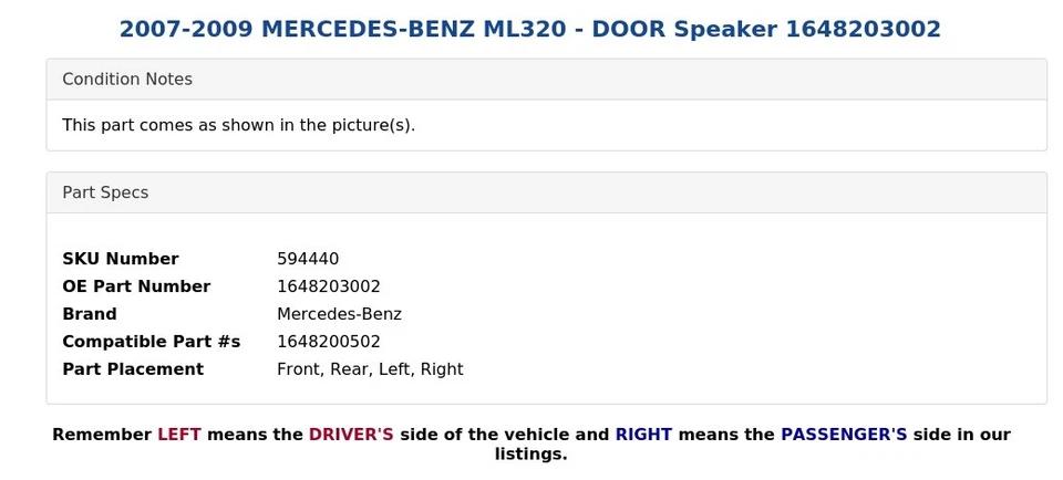 Altavoz puerta Mercedes-Benz ML320 2007-2009 1648203002 Foto 4 de 4