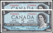 2x Consecutive Canada 1954 $5 Five Dollar Banknotes Beattie - Rasminsky UNC