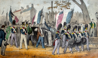 UNBEKANNT kleine handbemalte Gravur FRANZÖSISCHES MILITÄRBEGRÄBNIS ca 1830er-40er Jahre