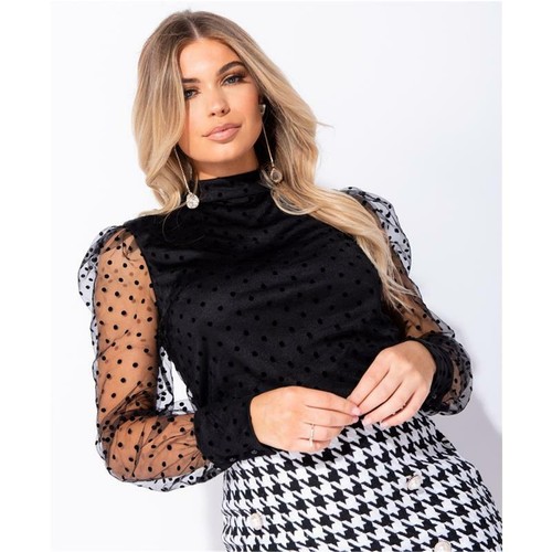 Mujer Lunares Blusa de Gasa con Alzado Negro #BL461 | eBay