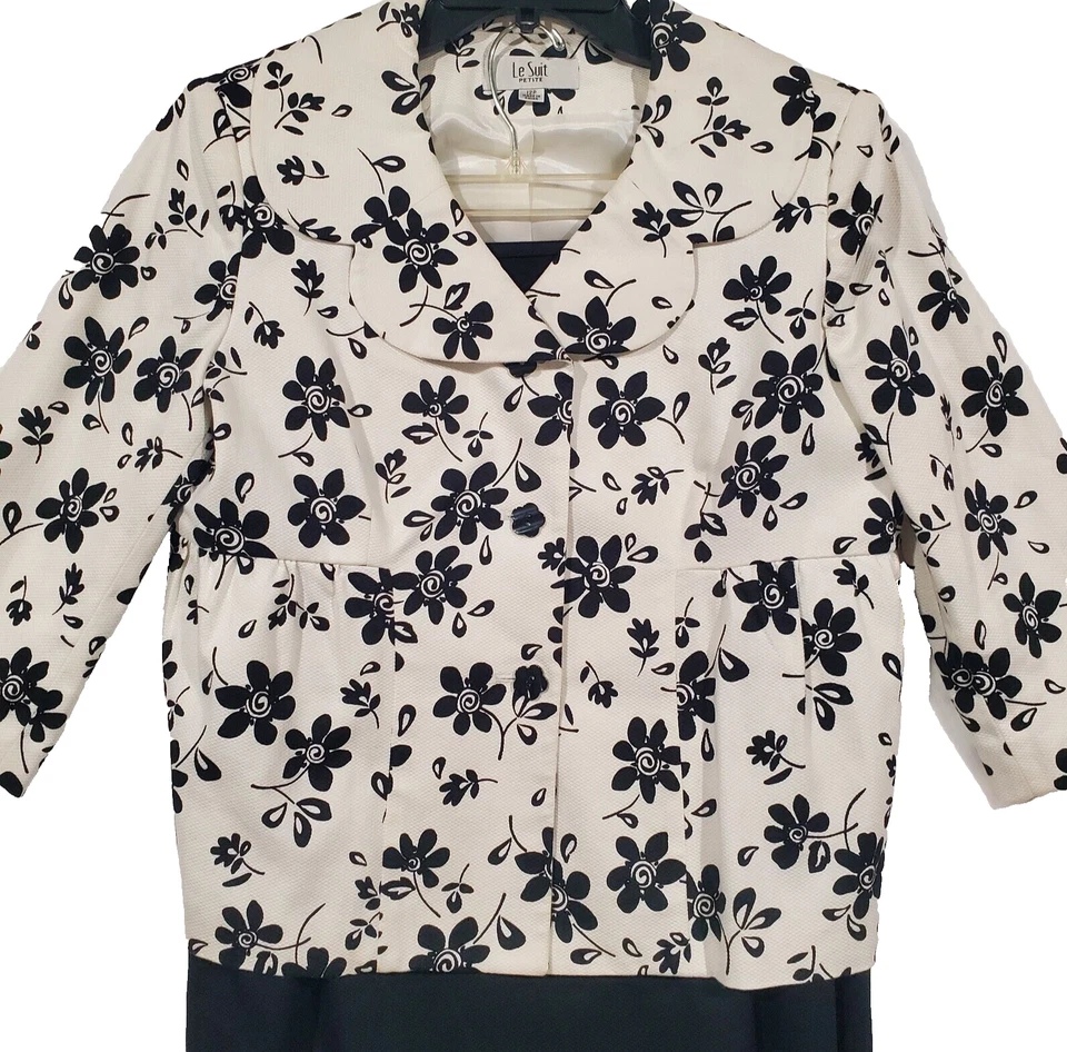 Le Suit Petite 女式 2 件套礼服 12P 码黑色白色花卉夹克和 — 第 2/4 张图片