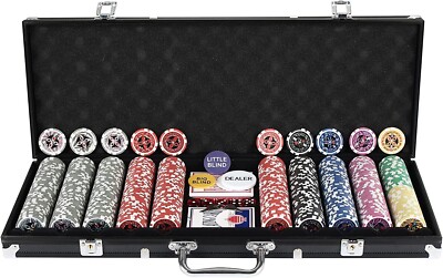 500 Chips Texas Holdem Set mit Aluminiumgehäuse, 2 Decks Karten, Händler, Jalousien, 5 Würfel
