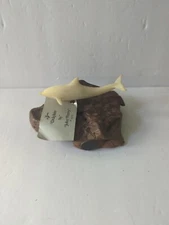 Vintage 1973 John Perry Carved Swimming Dolphin Sculpture on Burl Wood Base 6”