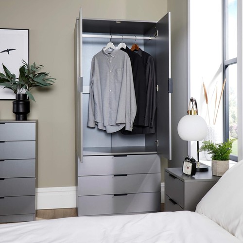 Wardrobe 2 Door 3 Drawers Grey Bedroom Home Furniture Clothing Storage Shelf - Picture 4 of 10