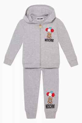 NWOT New Moschino Little Kids Grey Tracksuit Hoodie & Pants Teddy Balloons Print