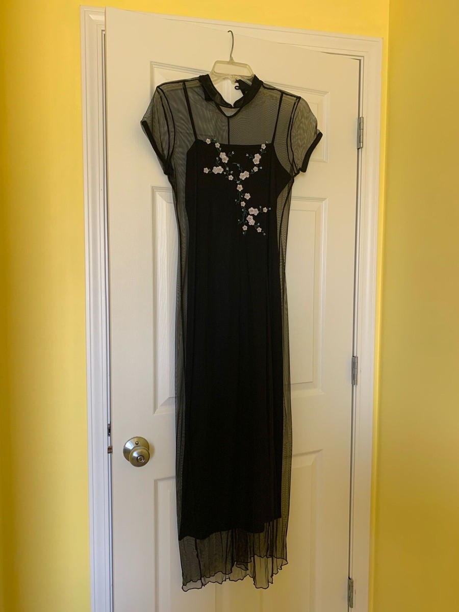 Black Two Piece Dress With Embroidered Floral Organza Cover