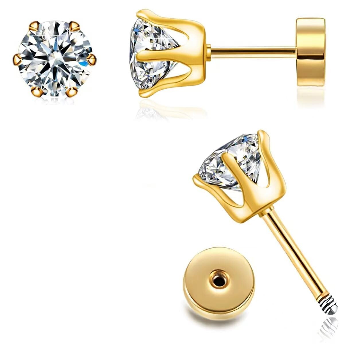 5mm CZ Stud Earrings in 14K Gold with Flat Back Cubic Zirconia