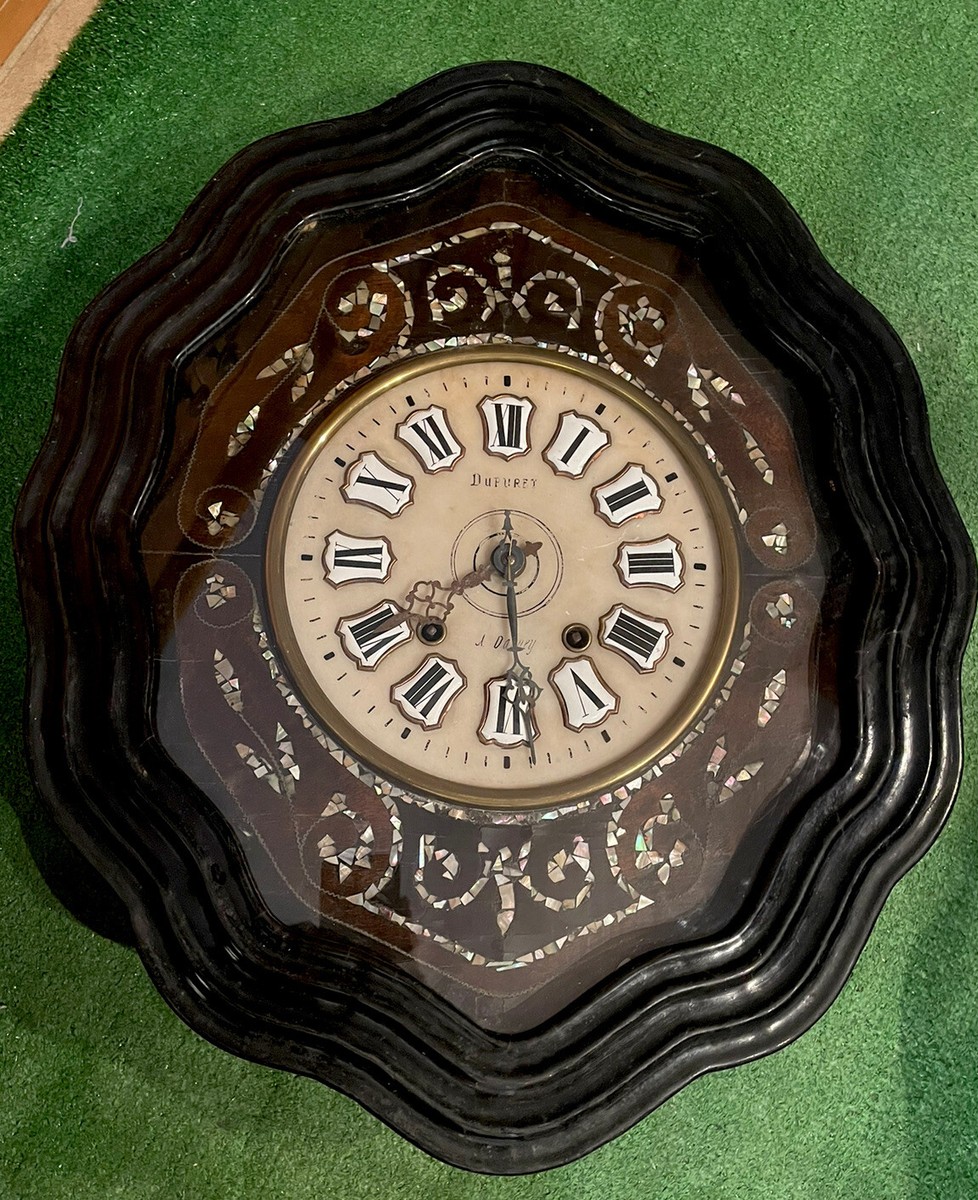 Antique French Baker's Wall Clock With Mother Of Pearl Inlay