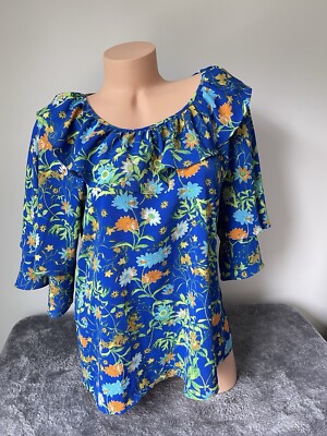 Retro Floral Top S Linea by Louis Dell'Olio Exotic 3/4 Boho Peasant Blue Orange