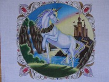 Mystical White Unicorn Castle Hand Painted Needlepoint Canvas Liz Dillon AP180A