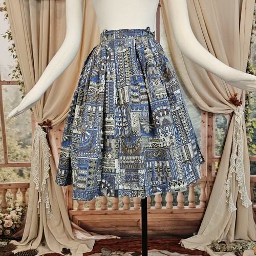 Vintage 1950s Skirt Pleated Blue Brown Novelty Print Side Zip Pinup Rockabilly - Picture 12 of 13