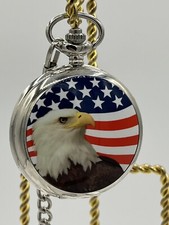 America Bald Eagle Patriot Red White Blue Flag Silver Tone Pocket Watch W/Chain