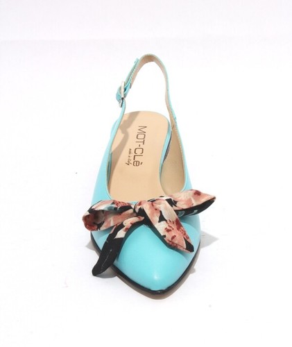 MOT-CLe 871b Aquamarine Leather Pointy Slingbacks Heel Bow Sandals 36.5 / US 6.5 - Picture 7 of 8