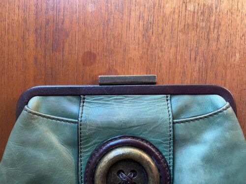 Mimco Clutch Bag Green with brown leather and large button detail. VGC. - Picture 14 of 15