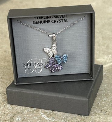 Brilliance Fine Jewelry 18  Butterfly Necklace, Sterling Silver And Crystal, NIB