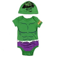 Marvel Baby Hulk Bodysuit Hat Set Infant Boys Creeper Costume Outfit, Green/
