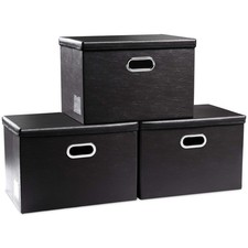 Large Foldable Storage Bins with Lids 3-Pack Leather Fabric Collapsible