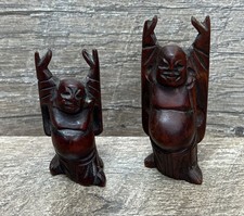 Vintage 2 Small Wood BUDDHA Laughing Happy Standing Figurine Statues