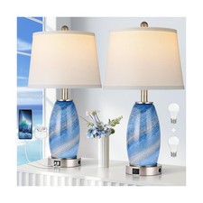 Blue Lamps Set of 2 for Bedroom  Bedside with 3-Way Lighting Modes  USB C A...