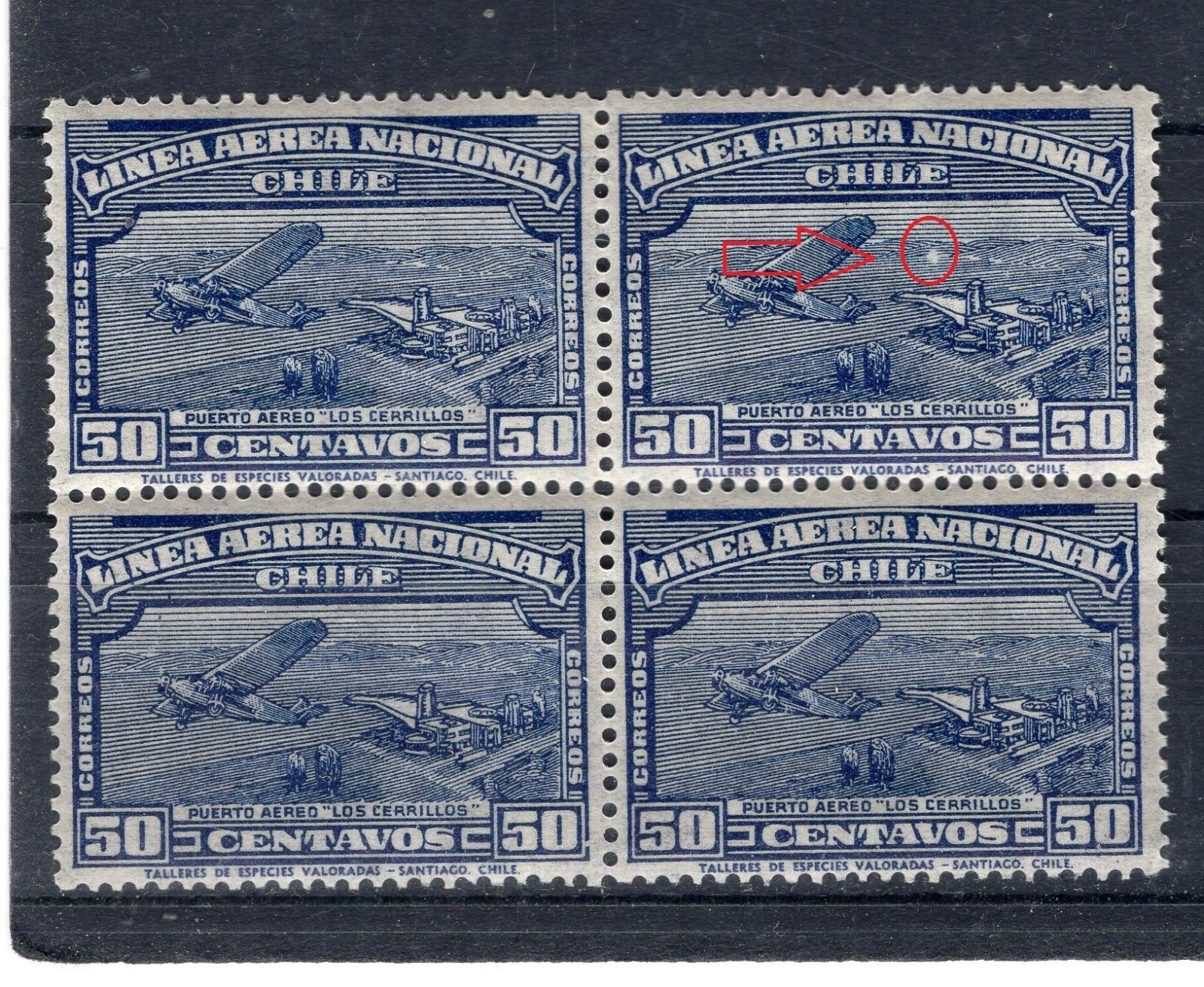 CHILE 1931 airmail 50 cents Sc.C25 block of 4 ERROR VARIETY L13