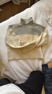 ATM Chunky Cream and Gray Turtleneck Sweater with Cable Knit Size S