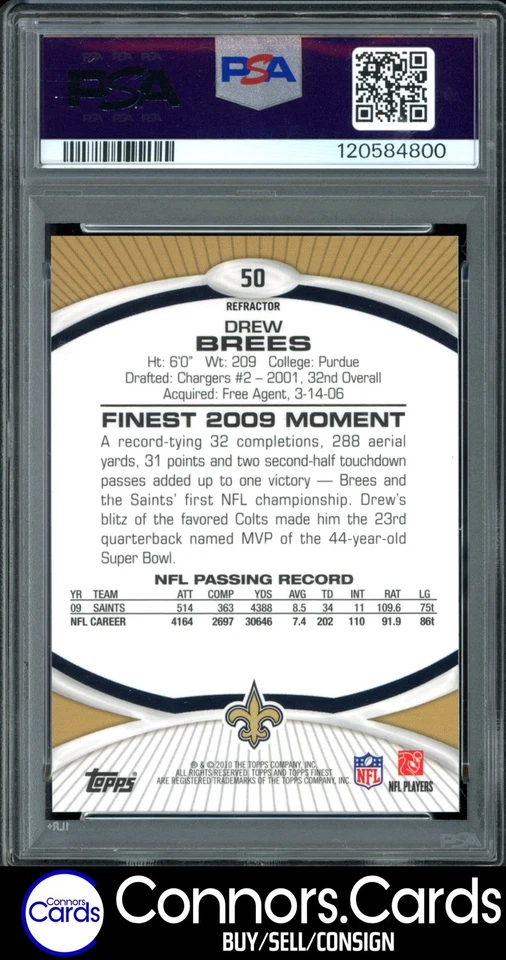 Drew Brees PSA 9 2010 Finest #50 Red Refractor /25 POP 2 - Image 2 of 2