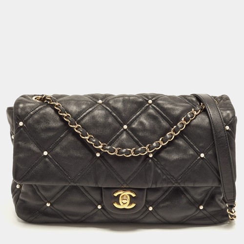 Chanel Pearl Embellished CC Single Flap Jumbo Black Quilted Leather Bag