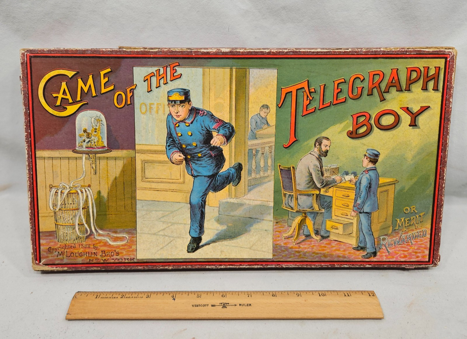 1888 McLoughlin Bros Board Game Of The Telegraph Boy Graphic & Bright & Clean
